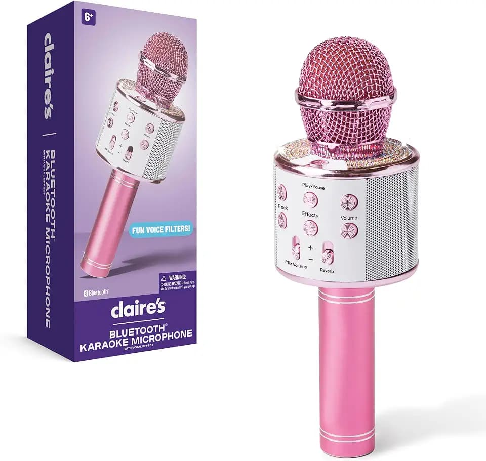 Claire's Bluetooth Karaoke Microphone for Kids, Wireless Mic with Voice Effects, Echo, USB-C Charging, Volume Controls & TF Card Slot, Portable & Durable Toy for Singing, Parties & Gifts, Ages 6+