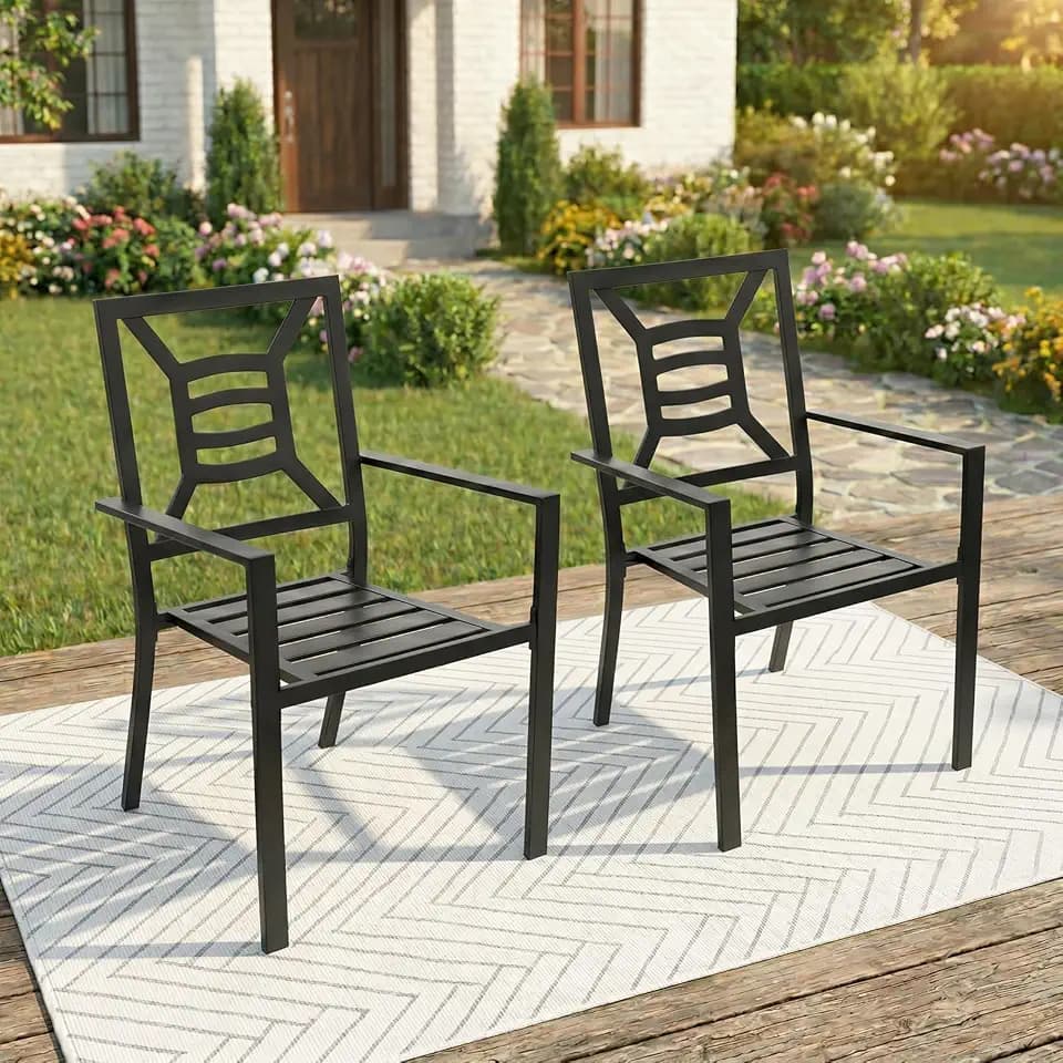 Patio Dining Chairs Set of 2, Stackable Metal Patio Chairs with High Back for Deck Bistro Porch Lawn, Black Wrought Iron Outdoor Dining Chairs