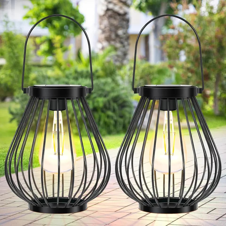 HPC Decor Outdoor Solar Lantern, 2PK Hanging Solar Powered Metal Light with Handle, Waterproof Wireless Warm Retro Bulb Design Lamp for Yard Garden Patio Fence Porch Pathway Decor
