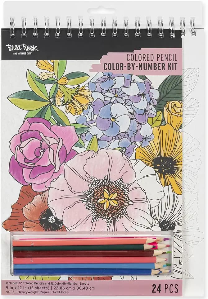 Brea Reese: Colored Pencil: Color-by-Number Kit - Floral - 12 Botanical Nature Designs, Guided Art, Vibrant Pencils, 9x12 Pages, Adult Spiral Art Pad