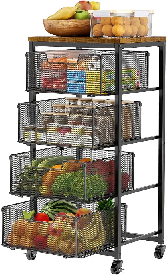 Kitchen Rolling Cart with Drawers, 4-Tier Fruit Vegetable Storage Cart on Wheels with Wooden Top, Kitchen Rolling Storage Rack to Storage Cans Snacks and Potato for Kitchen (Patent Pending)