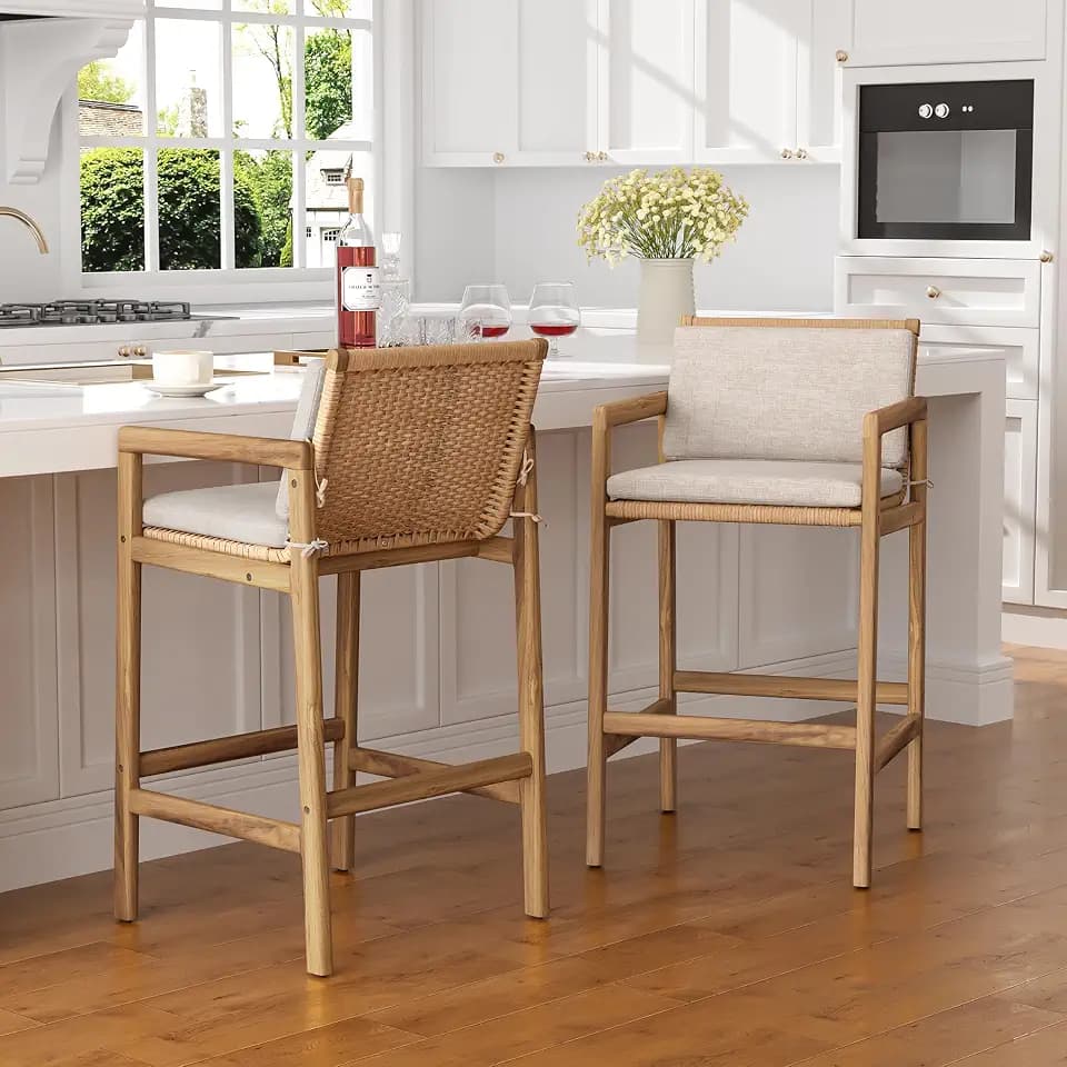 Christopher Knight Home Deft Patio Barstool Set of 2, Outdoor Counter Height Stool with Acacia Wood Frame and Wicker, Bar Stool with Backrest/Seat Cushion for Backyard Garden, Beige + Teak
