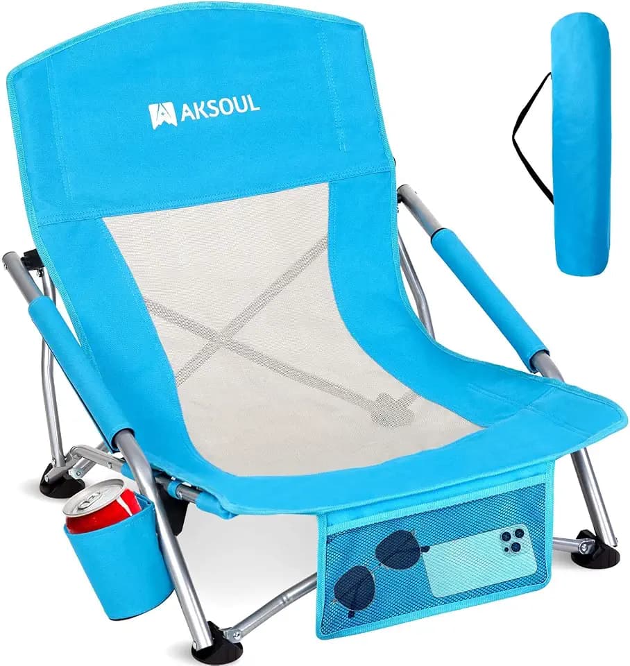 Folding Low Beach Chair for Adults: Portable Lightweight Low Back Chairs with Packable Bag - Foldable Wide Seat Sand Chair for Outdoor Concert Lawn Ground Camping Backpack Travel