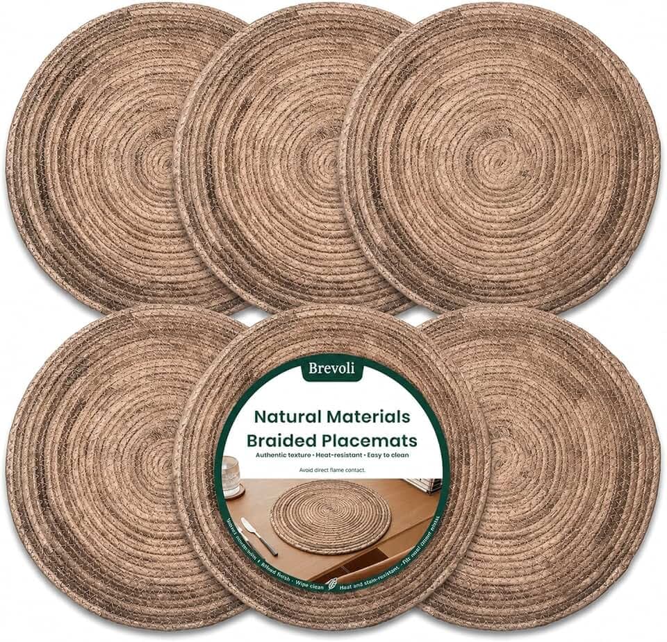 13 Inch Round Woven Placemats Set of 6, Natural Banana Leaf Charger Plates