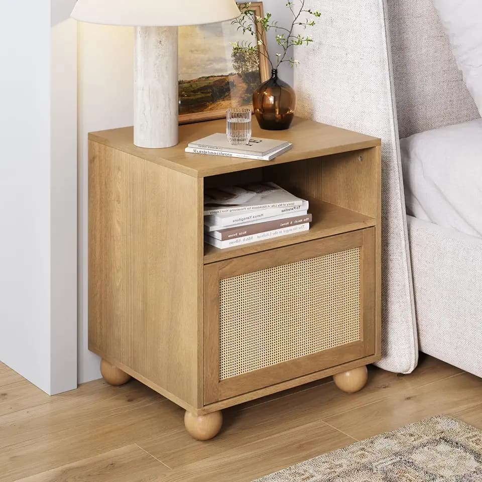 Nathan James Franco Faux Rattan Side Table Nightstand with Storage, Rustic Bedside Table with Solid Wood Legs, Light Brown