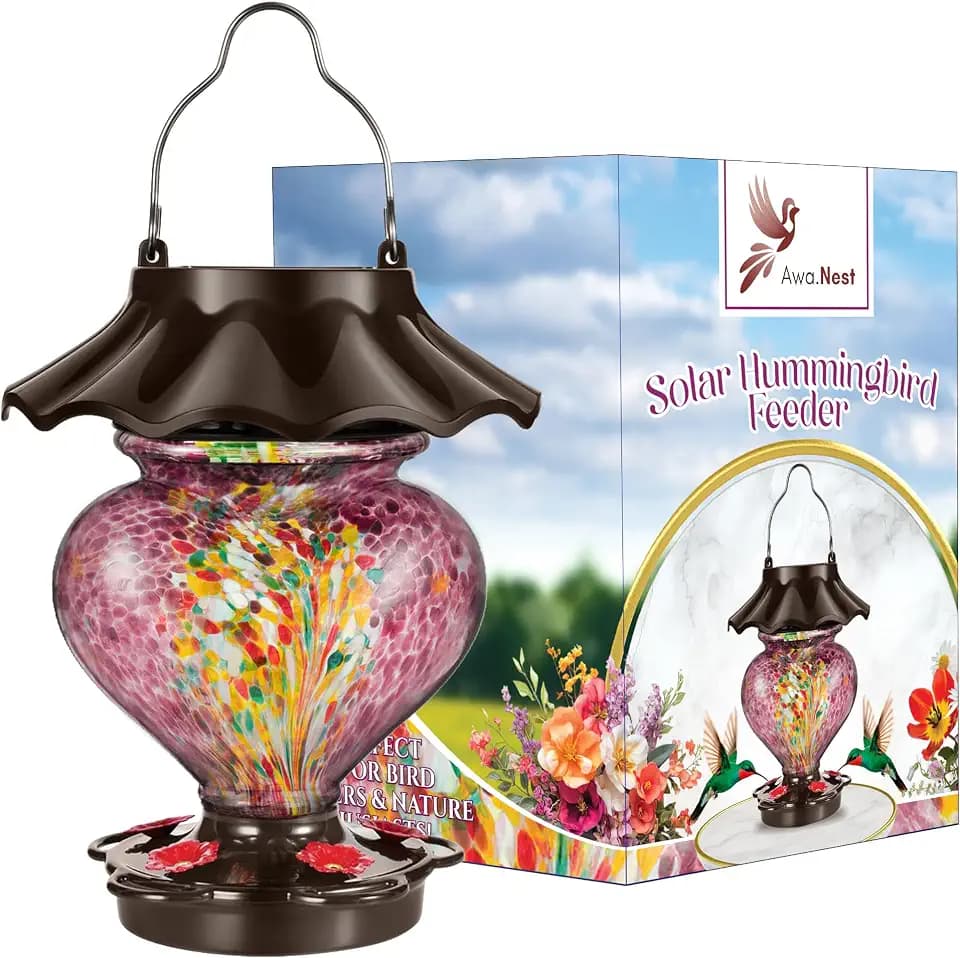 Solar Heart-Shaped Hummingbird Feeder for Outdoors Hanging, Hand-Blown Glass, 33 fl.oz, Leak-Proof & Rustproof, Includes 2 Hanging Hooks, Unique Garden Decor with Solar-Powered LED (Purple)