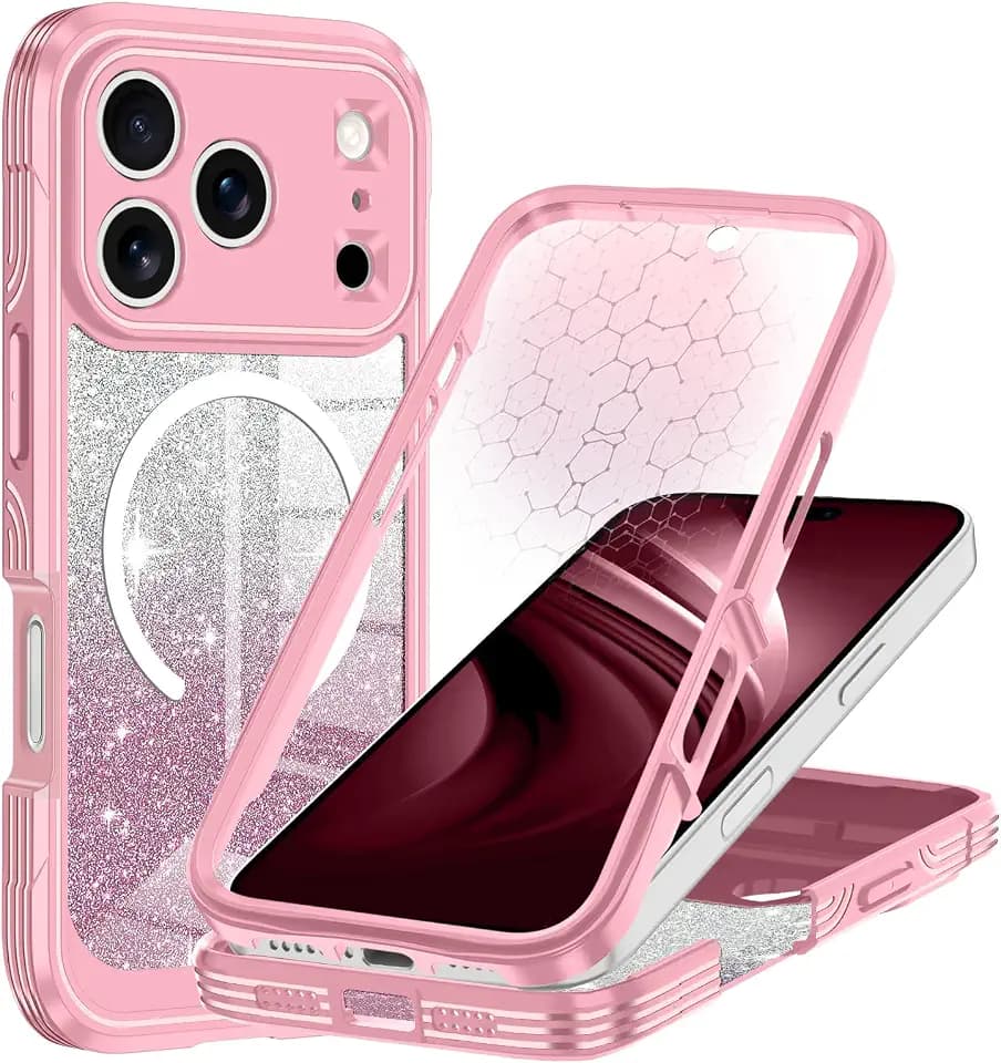 Hekodonk for iPhone 17 Pro Case, Compatible with Magsafe [Built-in Tempered Glass Screen Protector & Camera Lens Protection] Full Body Shockproof Protective Women Girl Bling Case,All Pink
