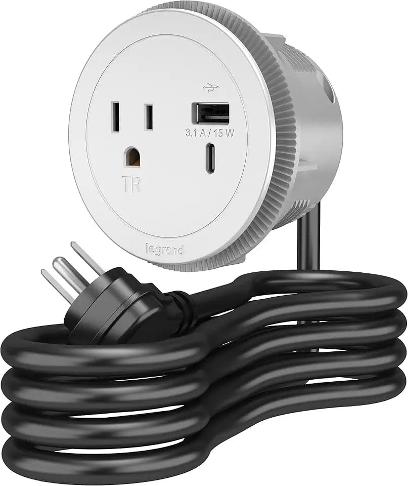 Legrand Wiremold RFPCRUAUC-WH Round Furniture Power Center with USB, 1 Outlet, Type A/C USB, 6 Foot Cord, White