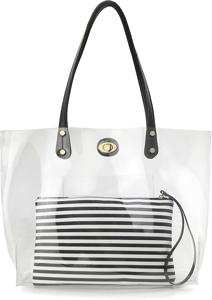 PVC Clear Women’s Tote With Striped Zipper Clutch Weekender Shoulder Handbag