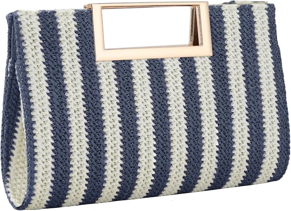 Women’s Straw Raffia Clutch Purse, Top Handle Woven Handbag with Crossbody Strap, Summer Beach Shoulder Bag