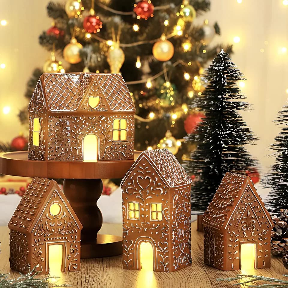Thyle 4 Pcs Christmas Resin Lighted Gingerbread House Decoration