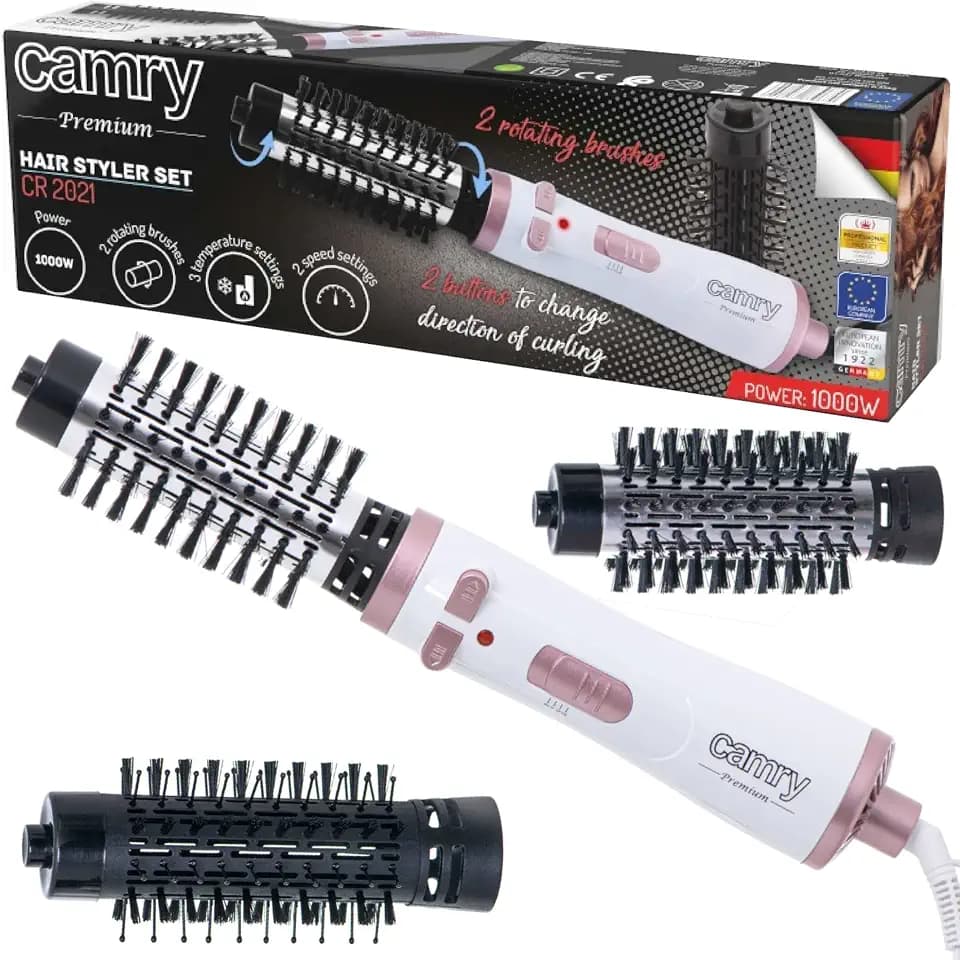 CAMRY Thermobürste 1200W - Rotierende Warmluftbürste - Thermal Brush - 50mm & 38mm Aufsätze - 2 Rotationsrichtungen - 3 Temperatureinstellungen