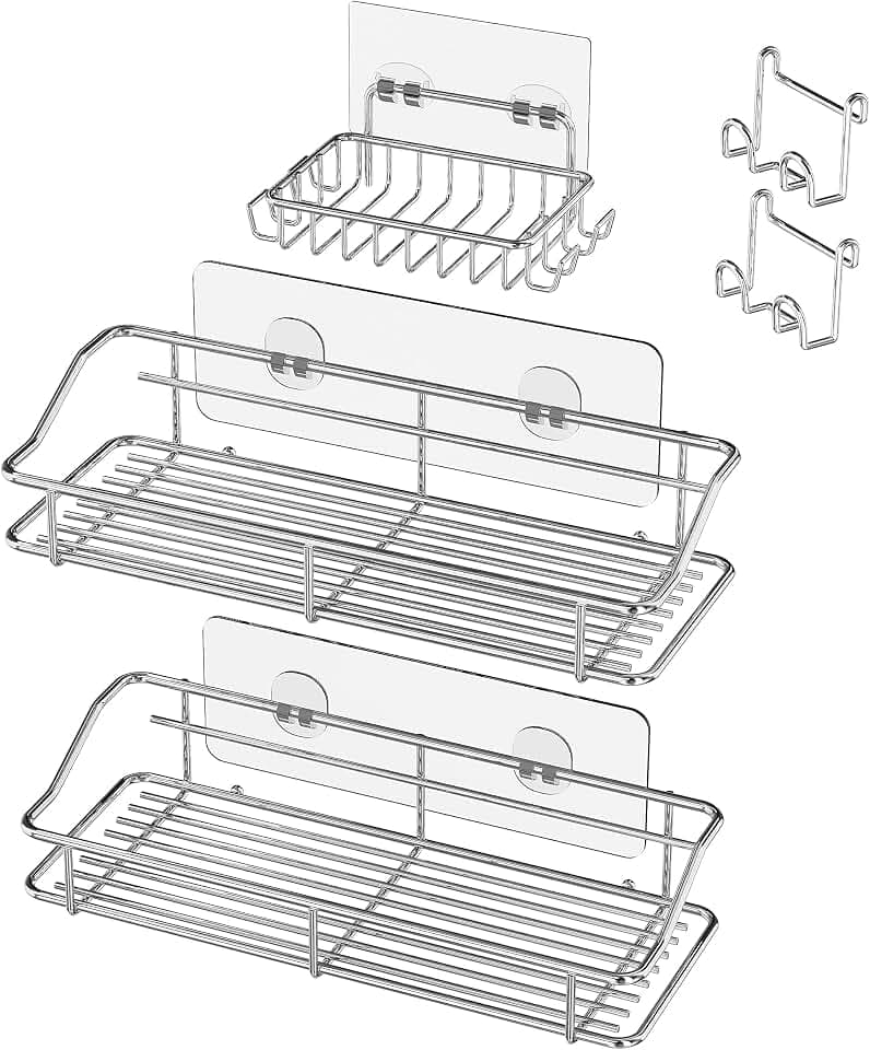 Nieifi Shower Caddy Shelf with Hooks Storage Rack Organizer Adhesive Stainless Steel without Drilling for Bathroom, Lavatory, Washroom, Restroom, Shower, Toilet, Kitchen (Sliver, 3 Pack)