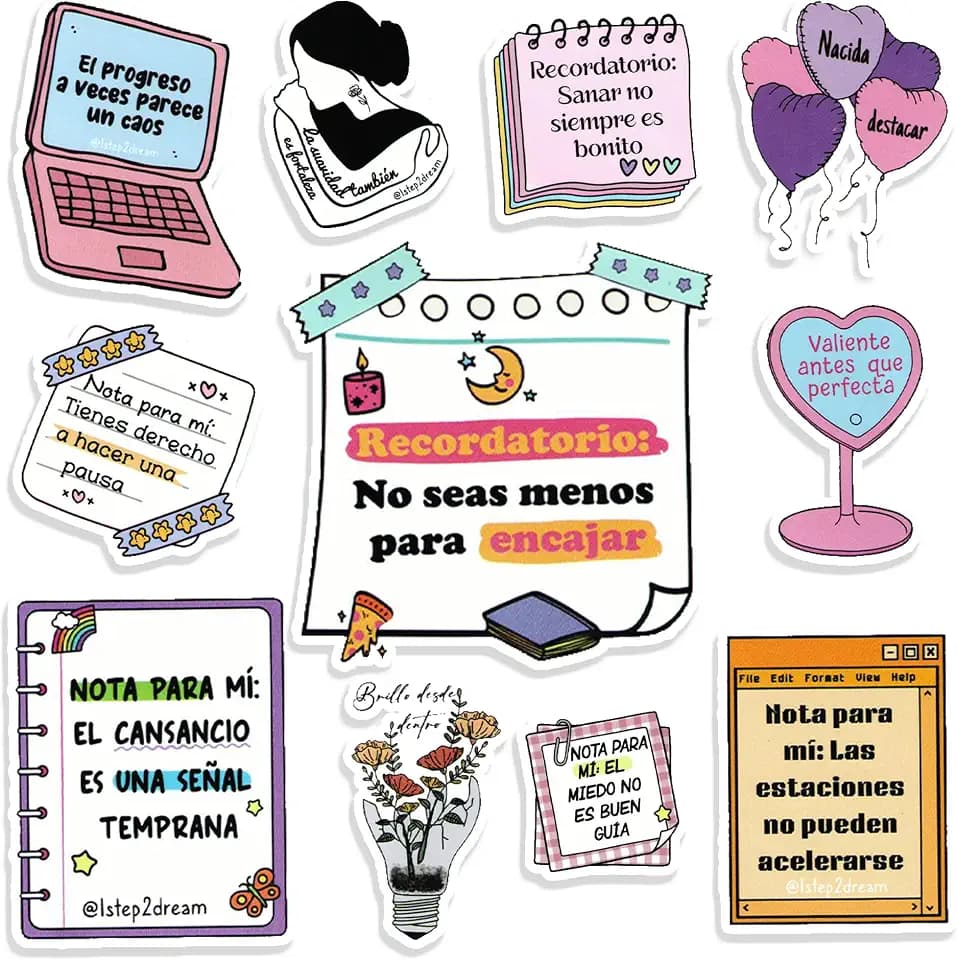 Spanish Motivational Stickers for Self-Love & Mental Health, Waterproof Vinyl Decals with Positive Affirmations - for Vision Board, Journaling, Laptop, Students & Therapy Gifts