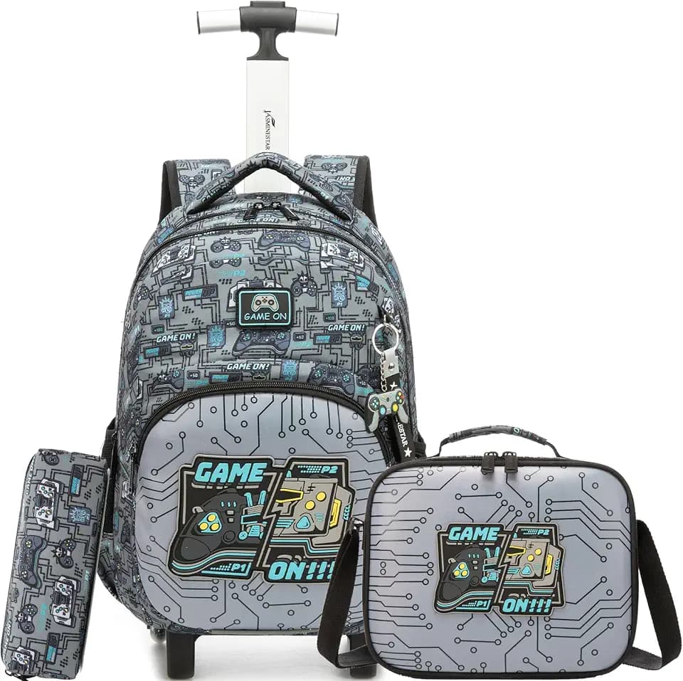 Rolling Backpack for Boys Backpack with Wheels for Kids Rolling Backpacks for School Set with Lunch Bag Pencil Case Elementary Boys Wheeled Schoolbag Travel Back to School Supplies Kit