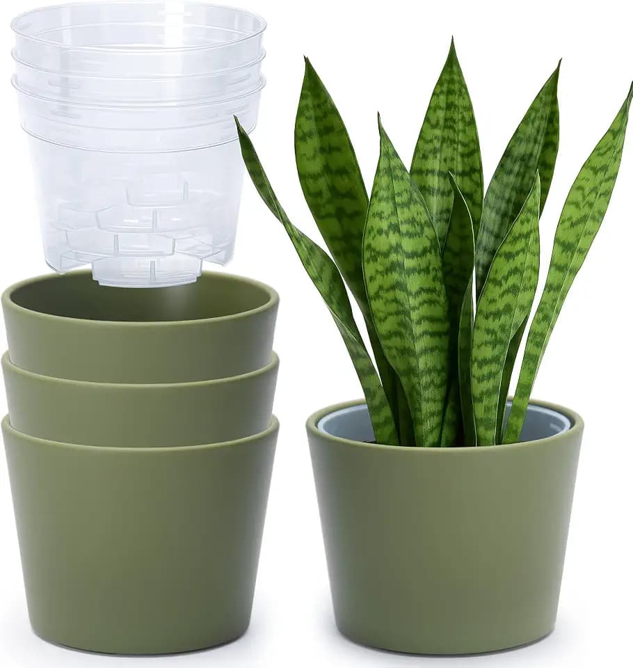 Phoenix Vine 6.6 Inch Olive Plastic Cachepot with Clear Nursery Pot, Decorative Lightweight Planter Cover with Transparent Inner Pot for Indoor Houseplants, Pack of 4, 24-C-F-4