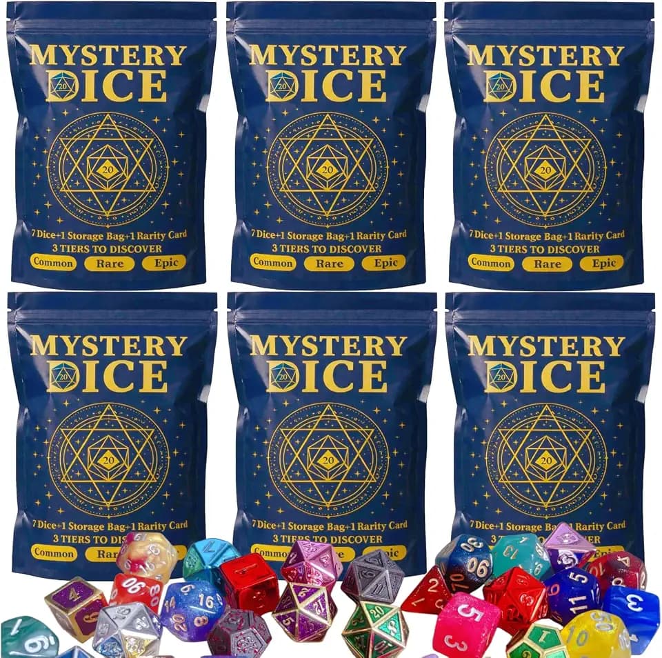 6-Pack Mystery DND Dice Set of 7 Dice with Storage Bag Rarity Card