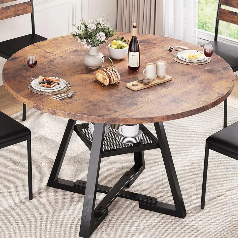 Jocoevol Esstisch Runder für 2 Personen, Esszimmertisch mit Ablage, platzsparender Küchentisch aus Holz im Industrial Design (Vintage Braun, 80x80x76cm)