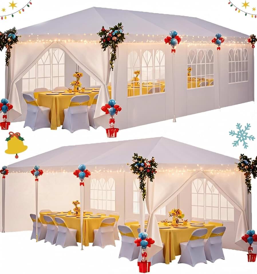 HOTEEL 10x30FR Party Tent 300 Sq Ft Outdoor Canopy with 8 Removable Sidewalls, 2 Zipper Doors, 16 Ropes and 36 Stakes, Carpas para Fiestas for Baby Shower BBQ Wedding Backyard Event, White