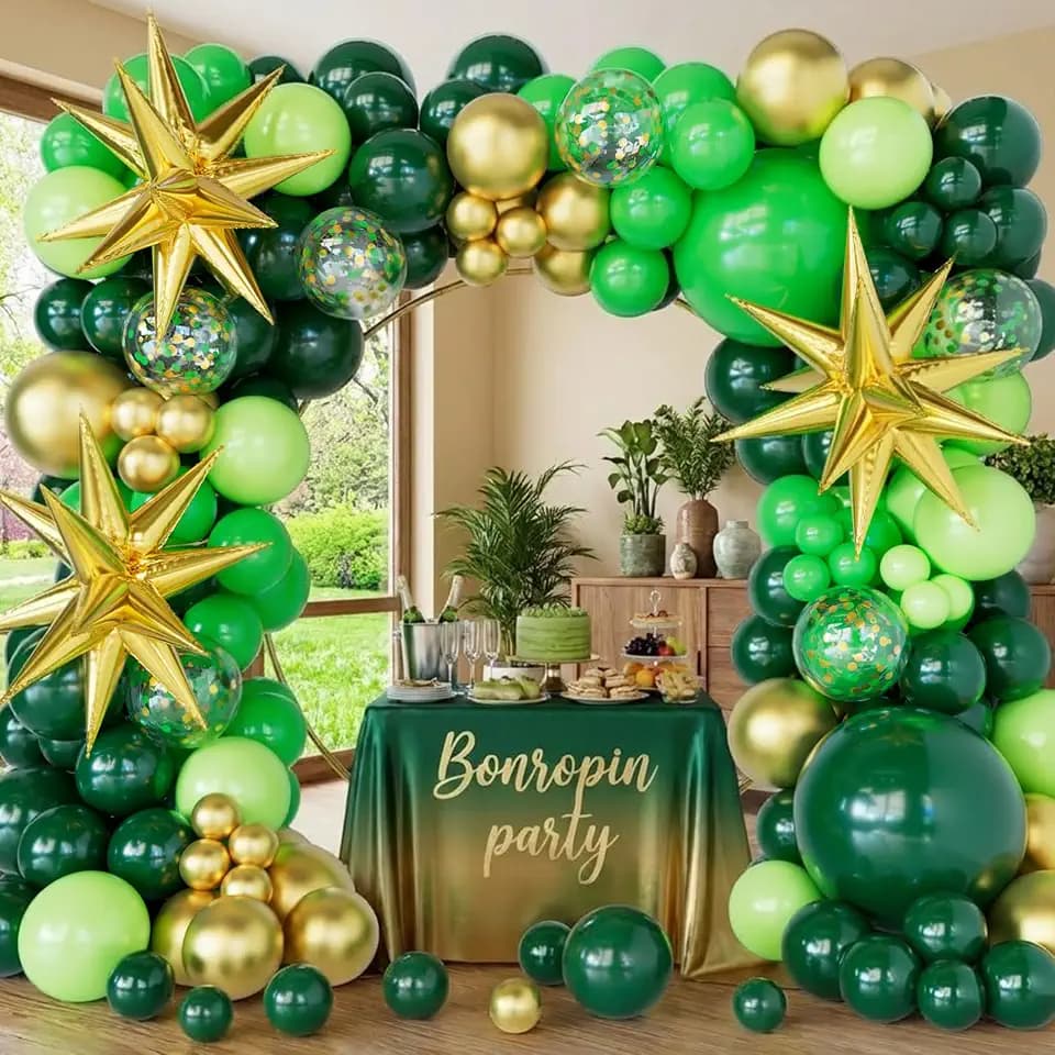 Green and Gold Balloons Arch Kit, 141Pcs, 4D Gold Explosion Star balloon