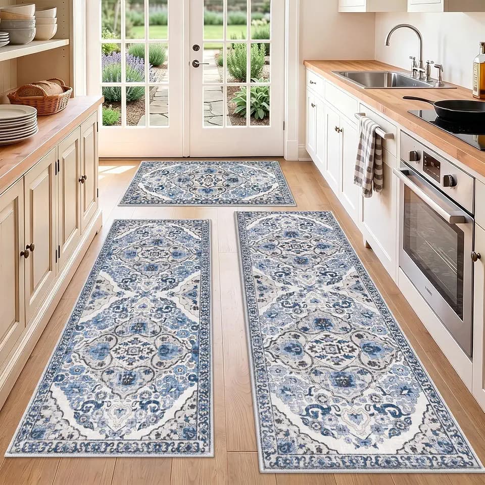 HEBE Boho Kitchen Rugs Set of 3, Non Slip Washable Kitchen Mats for Floor