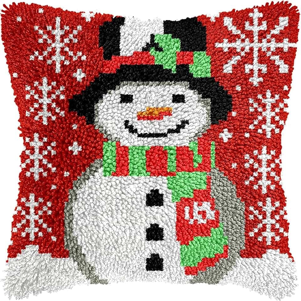 Smiling Snowman Christmas Latch Hook Kits for Adults Kids, Beginners DIY Latch Hook Pillow Kit Pre-Printed Latch Hook Rug Kits Cross-stitch Embroidery Cushion for Home Sofa Decoration 17x17 in.