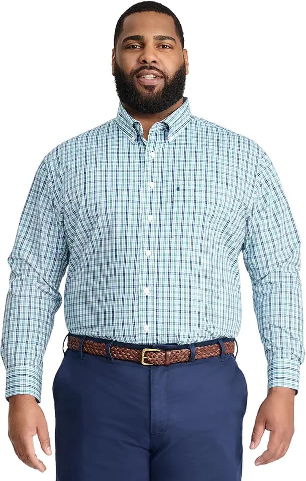 Izod Men's Big and Tall Performance Comfort Long Sleeve Plaid Button Down