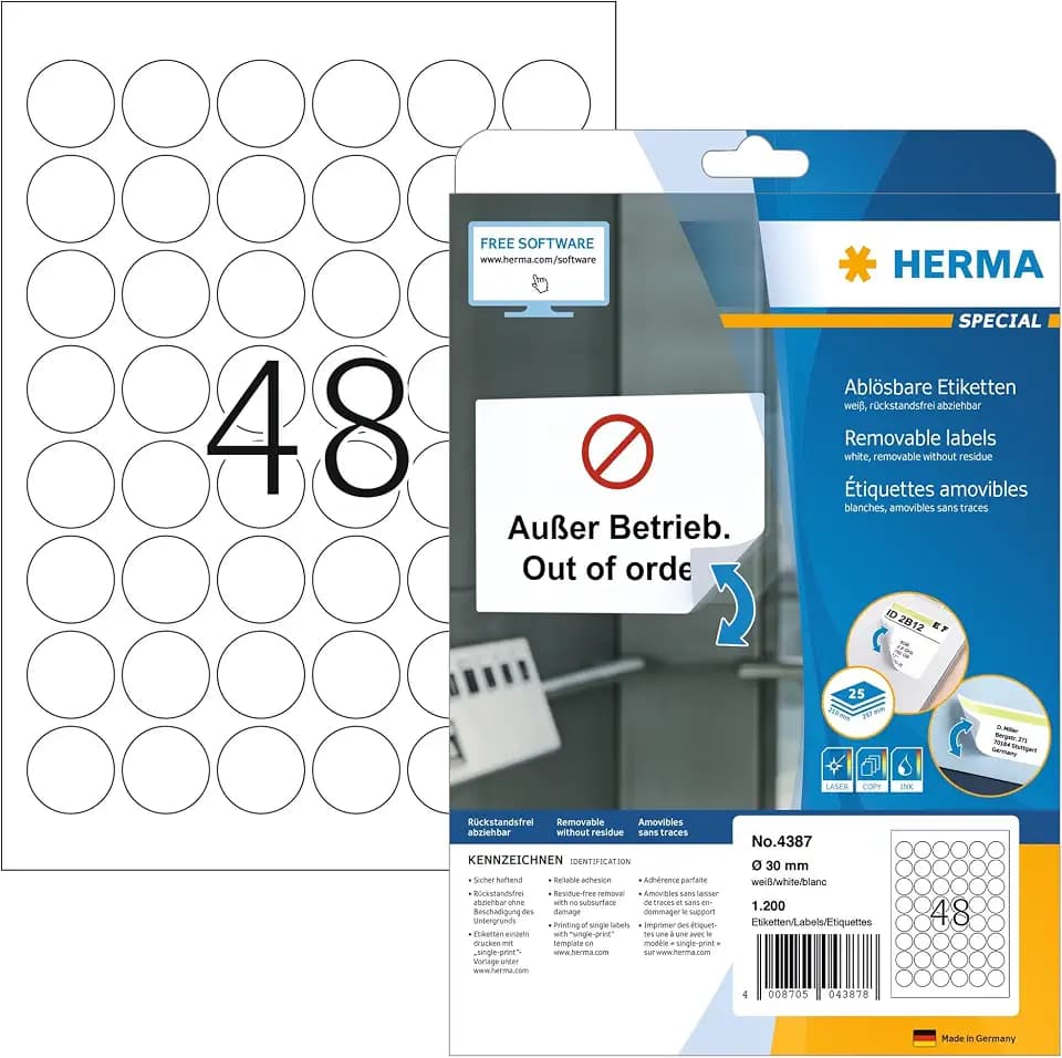 HERMA 4387 Universal Etiketten ablösbar rund, 800 Blatt, Ø 30 mm, 48 pro A4 Bogen, 38400 Stück, selbstklebend, bedruckbar, matt, blanko Papier Klebeetiketten Aufkleber, weiß