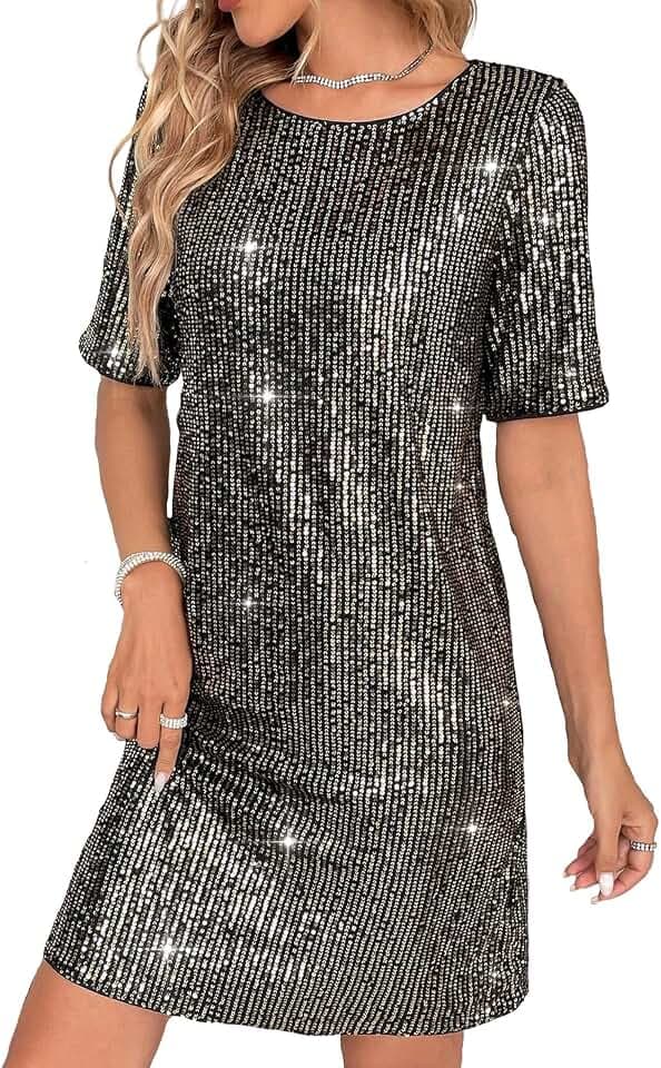 MINTLIMIT Women's Sparkly Sequin T Shirt Dress Short Sleeve Crewneck 2026 Loose Glitter Party Club Mini Dresses
