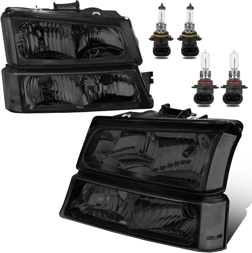 KUIPERAUTO Pair Headlight Assembly Compatible for 2003-2007 Chevrolet Silverado 1500 2500 3500 Compatible for 03-2006 Chevy Avalanche/Headlamp w/Bulb with Black Housing/Smoke Lens/Transparent Cornor