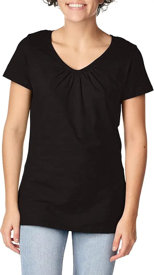 Hanes Women's Shirts, Slub Cotton Shirred V-Neck Tee, Cotton T-Shirts for Women, Women’s Tee Shirts