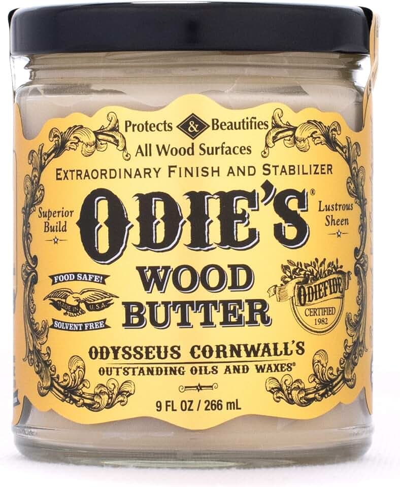 Odie's Wood Butter in a 9 Ounce Glass Jar for Finishing Top Coats and