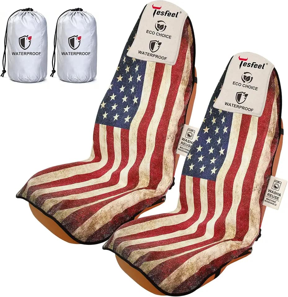 2 Pack American Flag Car Seat Cover Towel, Waterproof Sweat Protector for Gym Post-Workout & Beach, Universal Fit for Sedans SUV Minivan, Machine Washable Non-Slip Bucket Seat Mat