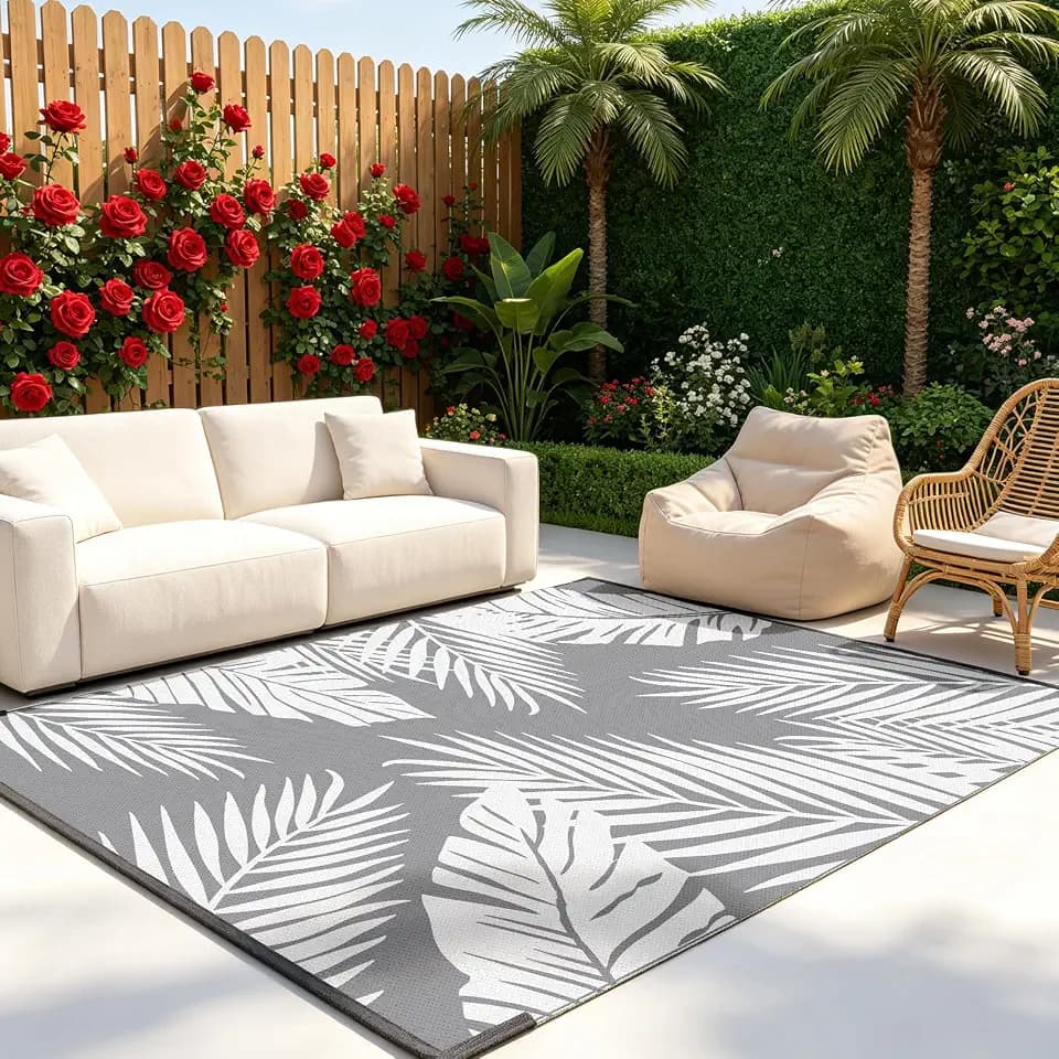 AUAUY Outdoor Teppich 150x240 cm, Kunststoff, Wendbar, Blatt, Gräulich-weiß