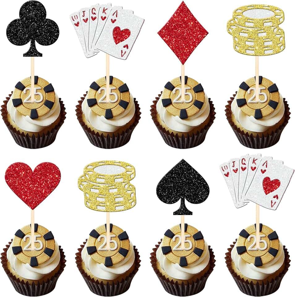 24 PCS Casino Poker Theme Cupcake Toppers Glitter Poker Game Chips Player Las Vegas Casino Cupcake Picks for Las Vegas Casino Night Poker Theme Birthday Party Cake Decorations Supplies