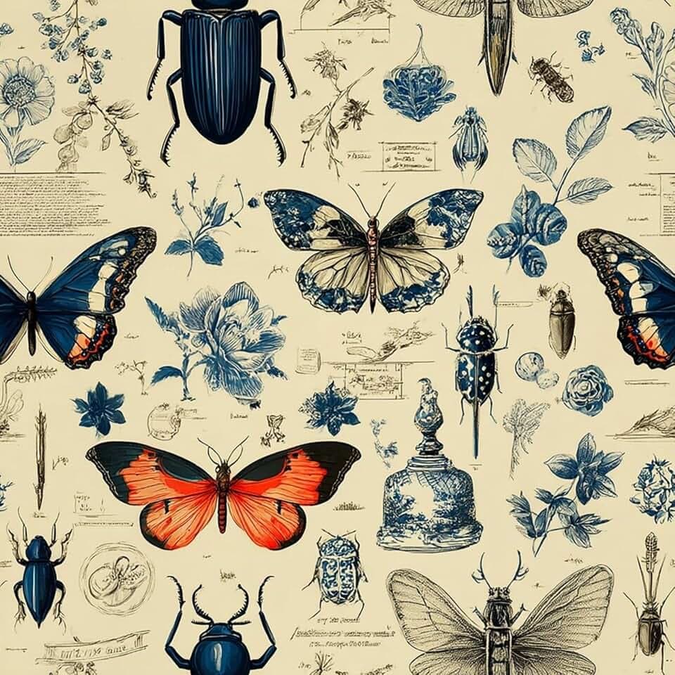 Vintage Insect Plant Specimen Peel and Stick Wallpaper Self Adhesive 17.72" x 118.1'' Blue Beetle Butterfly & Chinese Floral Sketch Wall Paper Renter Friendly Removable Waterproof for Study Bedroom