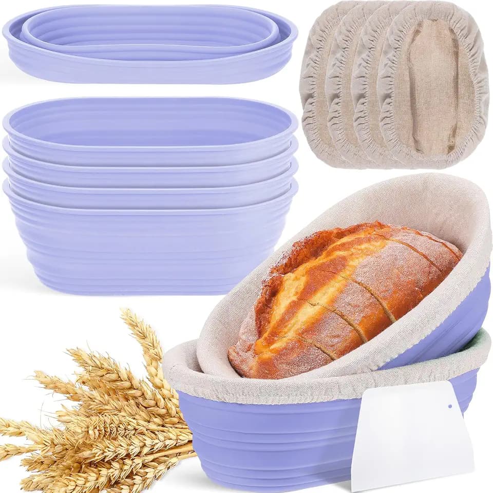 Nuogo 4 Pack Oval Bread Proofing Basket Silicone 10 Inch Collapsible,Purple