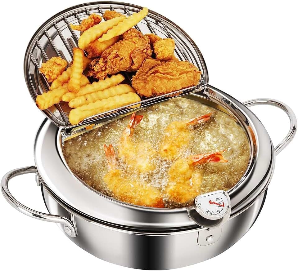 Plplaaoo Frittiertopf Im Japanischen Stil mit Thermometer & Abtropfgestell, Edelstahl Tempura Fritteuse Topf für Pommes, Garnelen & Fisch, Induktion kompatibel, 20cm 2,2L