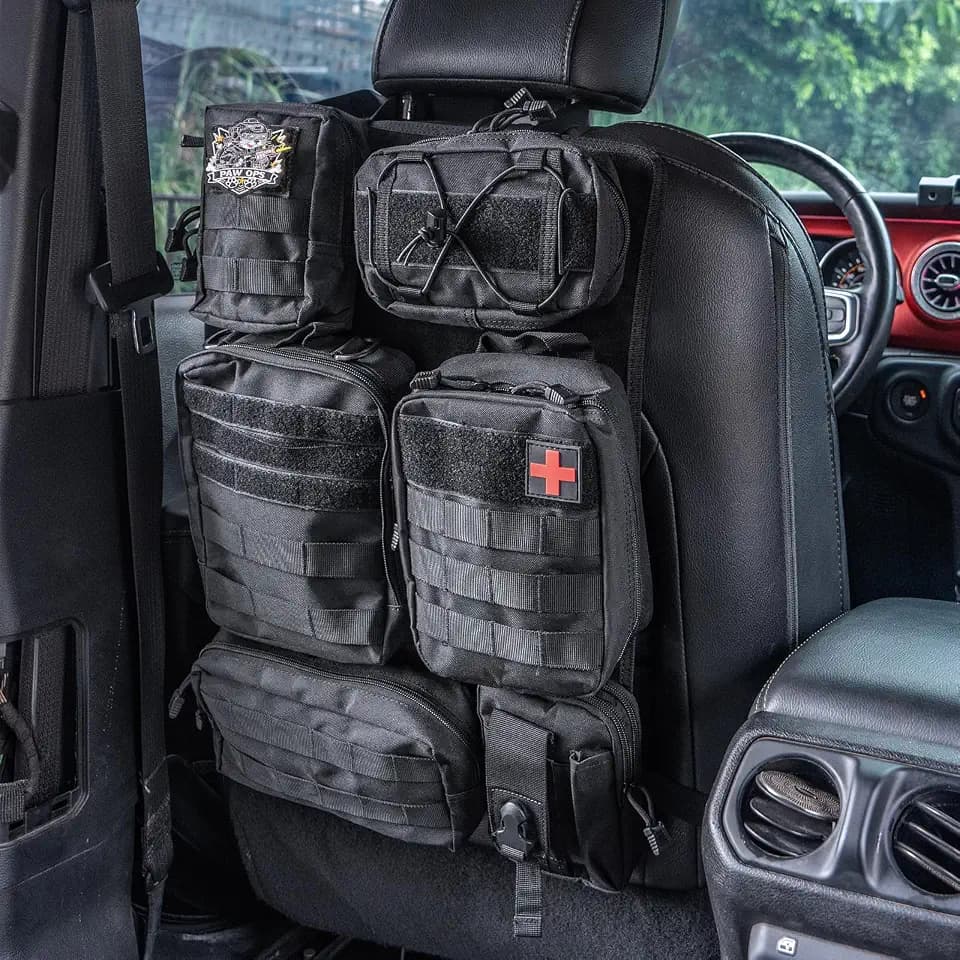 Universal Tactical Vehicle Back Seat Organizer with 6 Quick Attach & Detach Hook-and-Loop MOLLE Pouches for Car Truck Ford Jeep Vehicle