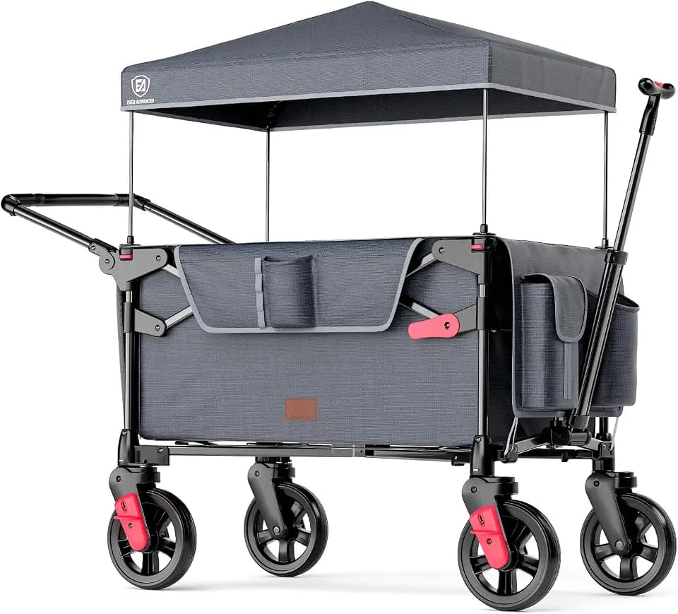 EVER ADVANCED Wagon Stroller for 2 Kids, Compact One-Step Fold Stroller Wagon with Adjustable Push/Pull Handles, Folding Wagon for Travel, Park & Beach, Includes Removable UV Canopy, Grey