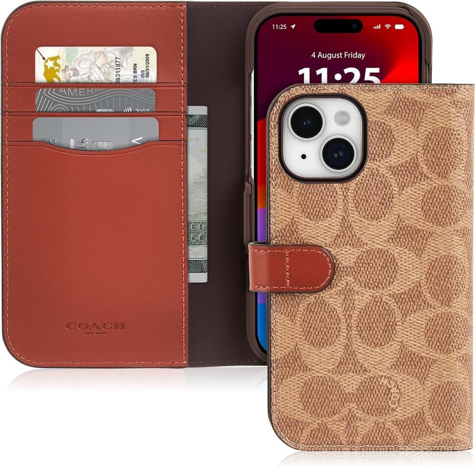 Coach Signature Canvas Two Piece Detachable Wallet Folio iPhone 15 Case, Compatible with Wireless Charging - Signature Tan