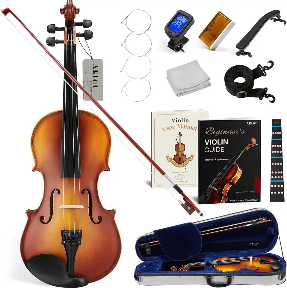 AKLOT Handcrafted Full Size Violin: Solid Wood Matte Fiddle, Acoustic Beginner 4/4 Violin Kit with Hard Case, Lesson Book, Bow, Shoulder Rest, Extra Strings, Tuner, Fretboard Stickers (VRT-AmiCS)