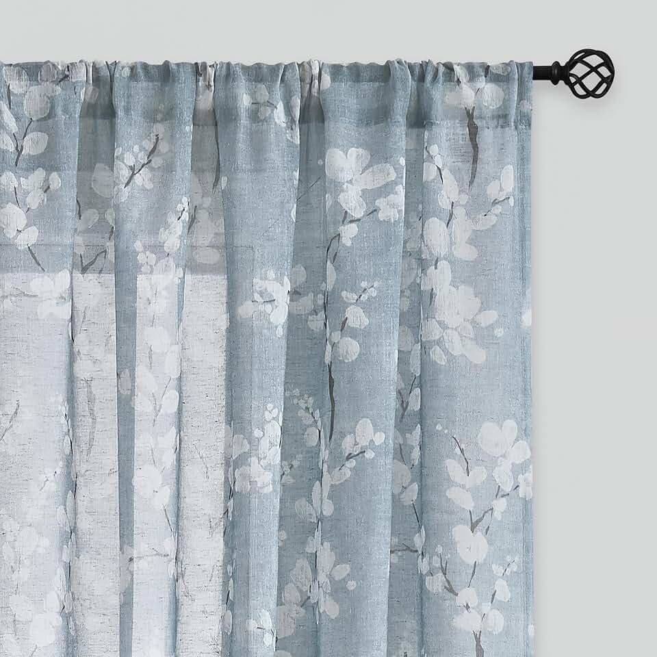 FMFUNCTEX Linen Sheer Blossom Floral Print Curtains Blue 96 Inch 2 Panels
