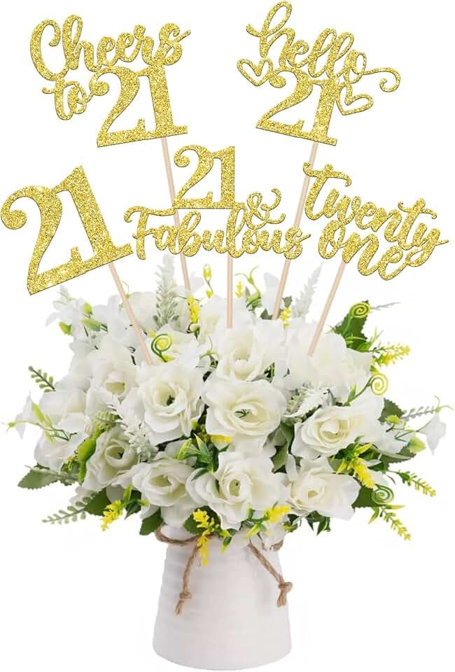 15PCS Happy 21st Birthday Centerpiece Sticks Hello 21 Fabulous Table Flower Centerpieces Sticks Twenty One Sweet Cheers to 21 Years Floral Decoration for 21st Birthday Party Centerpieces Sticks Gold