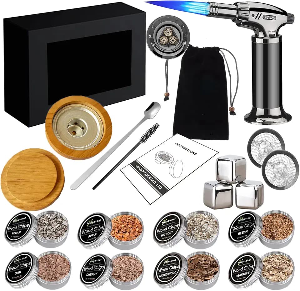 Cocktail Räucher-Set – Whisky Räuchersystem mit 8 Holzsorten & Zubehör – Flygragon Professioneller Smoker für Old Fashioned & Bourbon – Geschenkidee für Männer