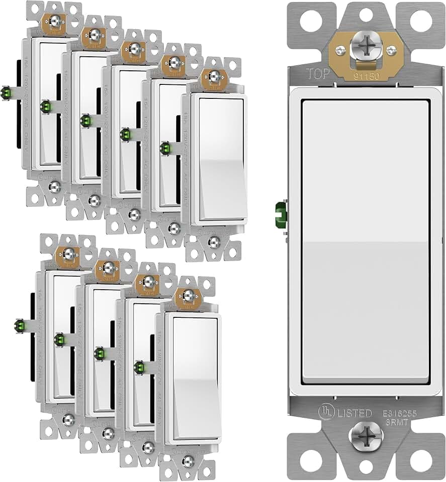 ENERLITES White Single Pole Decorator Paddle Light Switch, 15A, 10 Pack