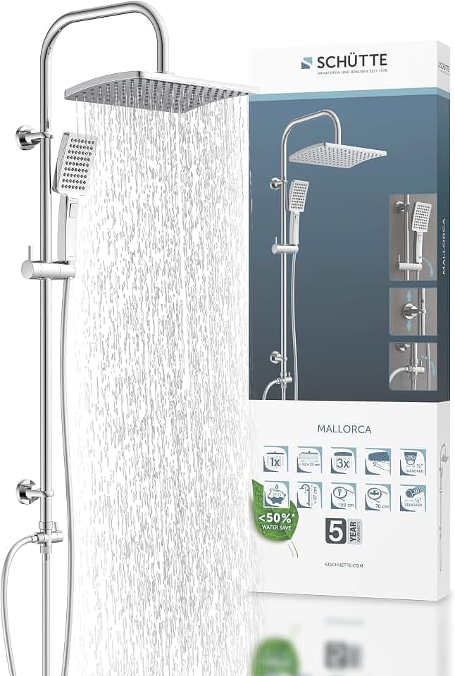 Schütte Duschset MALLORCA Duschsäule mit großer Regendusche, Handbrause mit 3 Strahlarten, Duschsystem ohne Armatur, Chrom