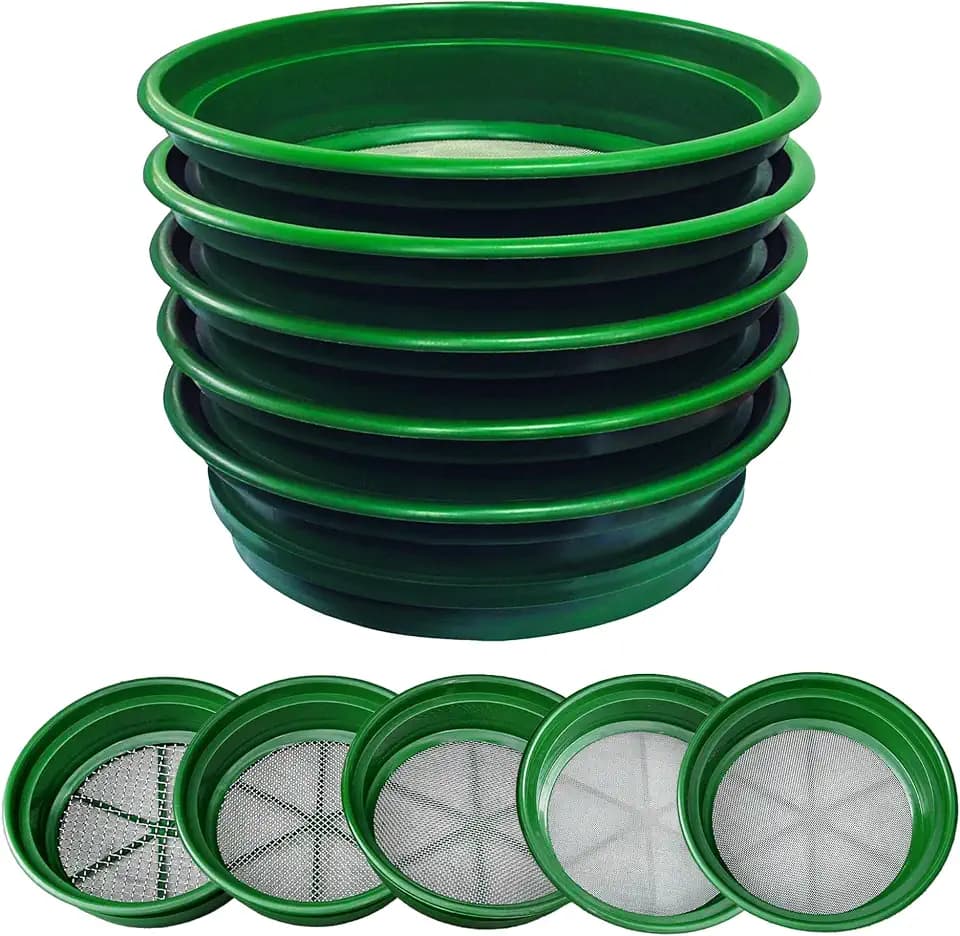 SE 13.25 Inch Wide Stackable Classifier Gold Prospecting Pan Set - Includes 1/2" 1/4" 1/8" 1/12" and 1/20" Stainless Steel Mesh Sifting Pans, Green, 5 Pack
