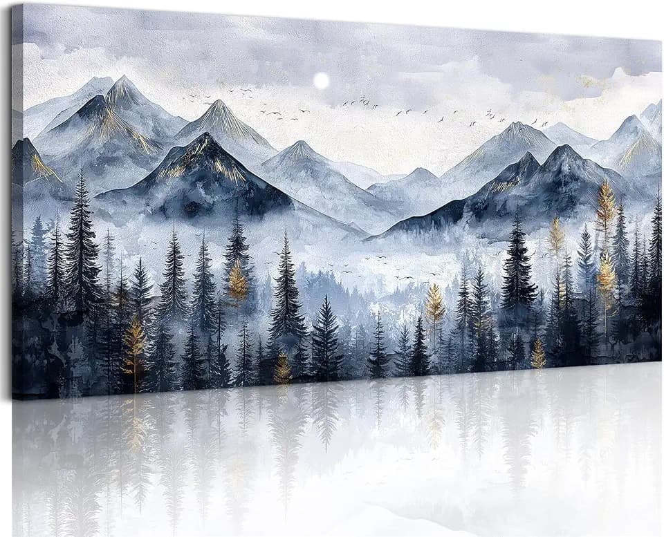 SERIMINO Mountain Landscape Wall Art, Blue Gold Pine Canvas Art 20"X40"