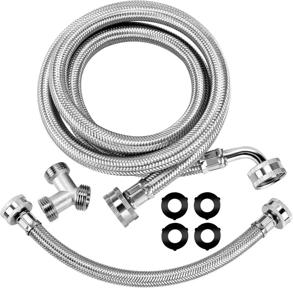 【UPGRADED】4FT Premium Steam Dryer Hose Installation Kit by Beaquicy - Include 4 Foot Stainless Steel Hoses,1 Foot Inlet Adapter Hose and Brass Y Connector